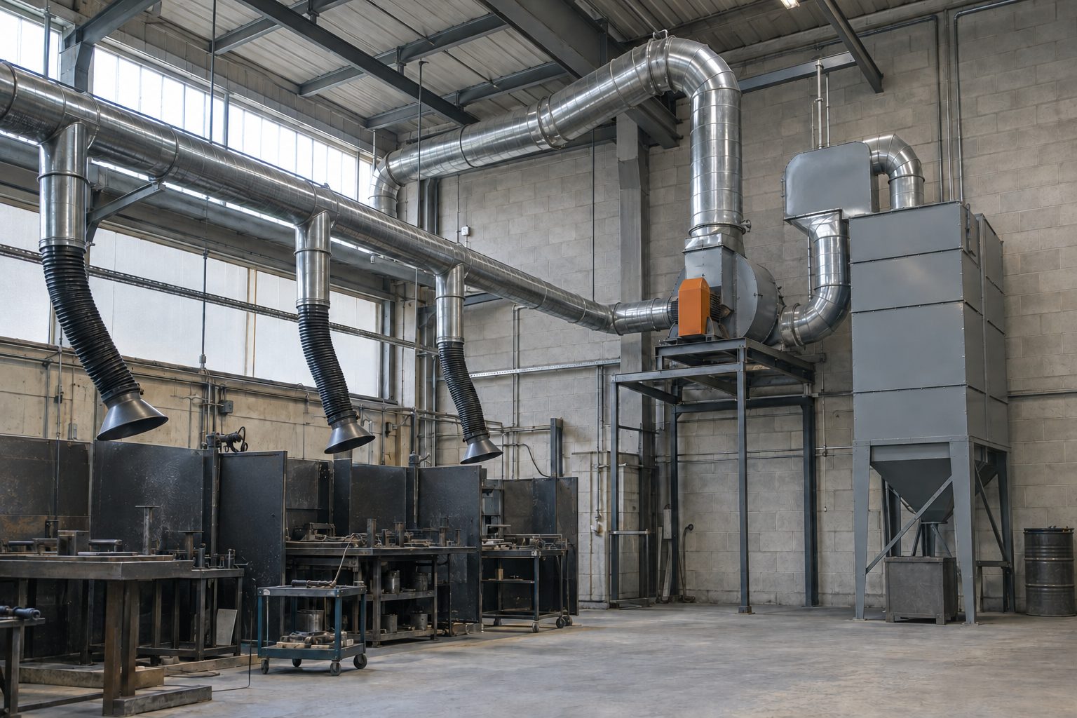 Three flexible extraction hoses join overhead metal ducts leading to a raised fan and filter unit.