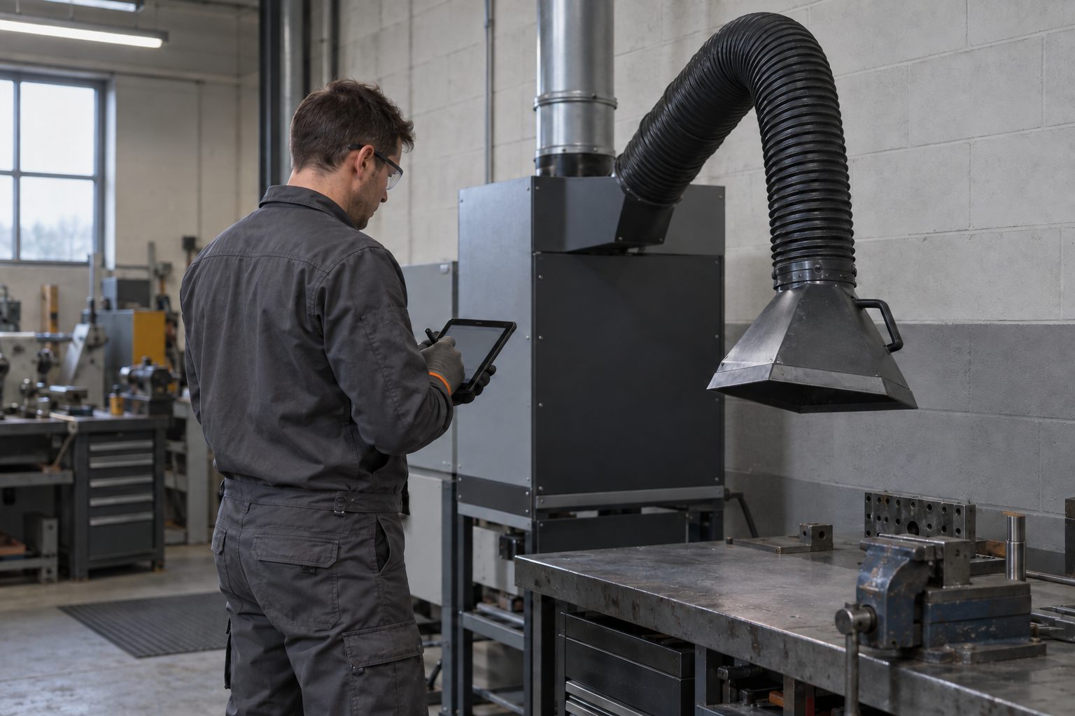 An engineer records readings on a tablet beside an extraction hood and filter unit.