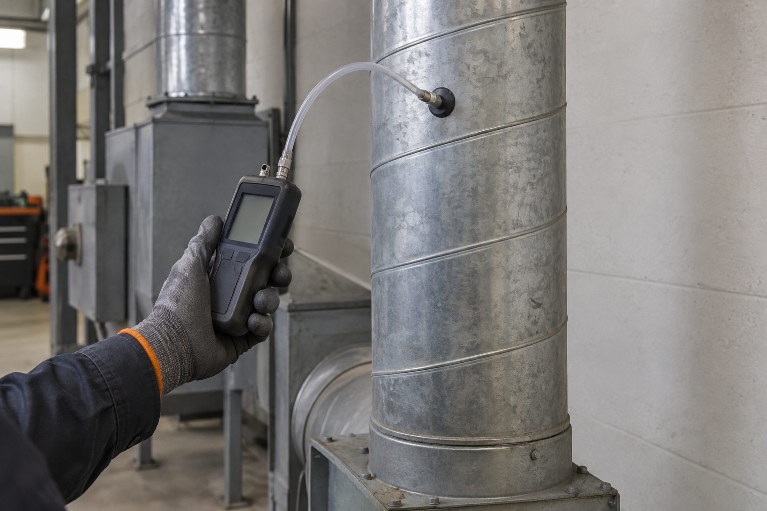 A clear tube links a handheld digital manometer to a test point on a vertical metal duct.