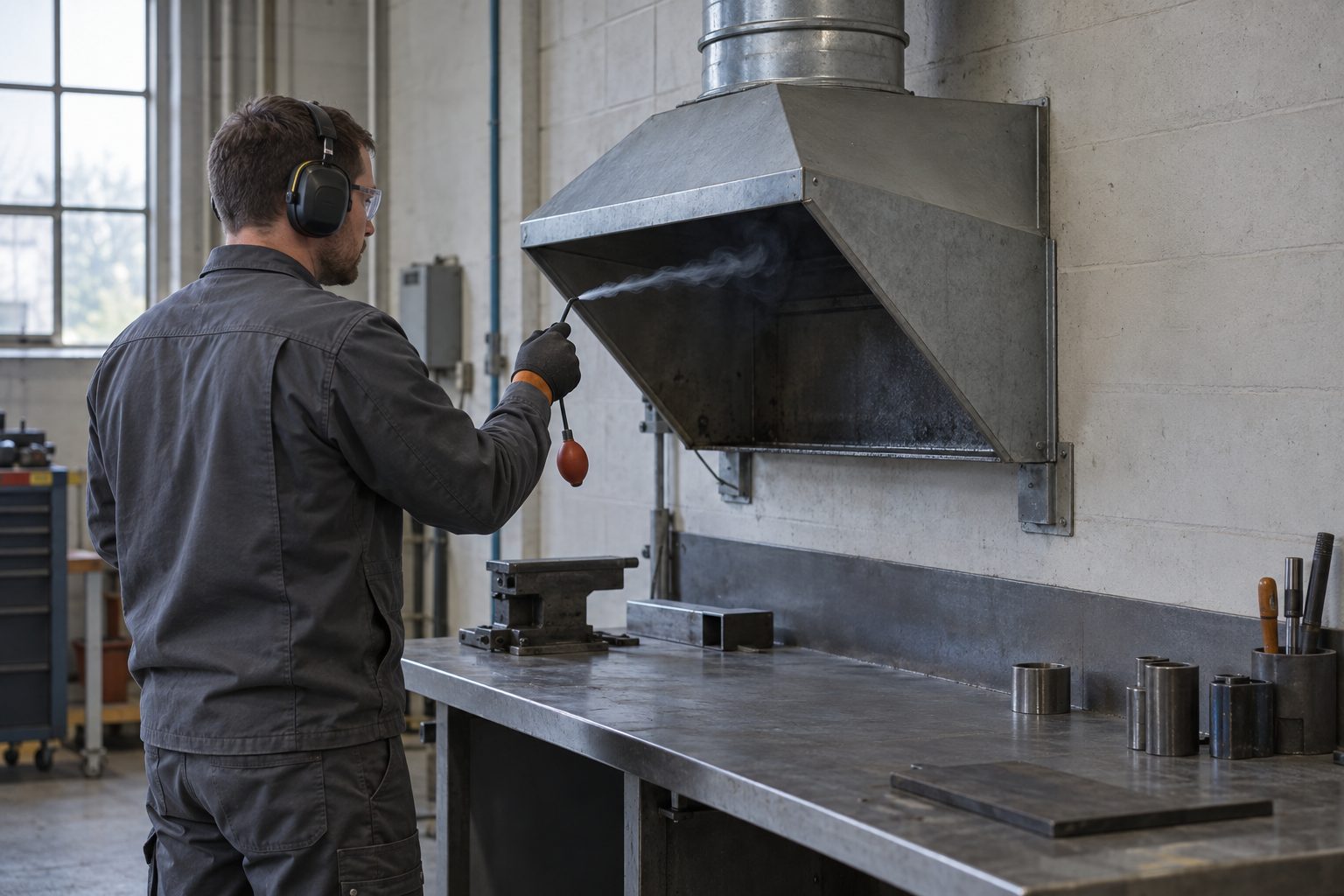An engineer releases smoke at a capture hood edge to observe the inward airflow.